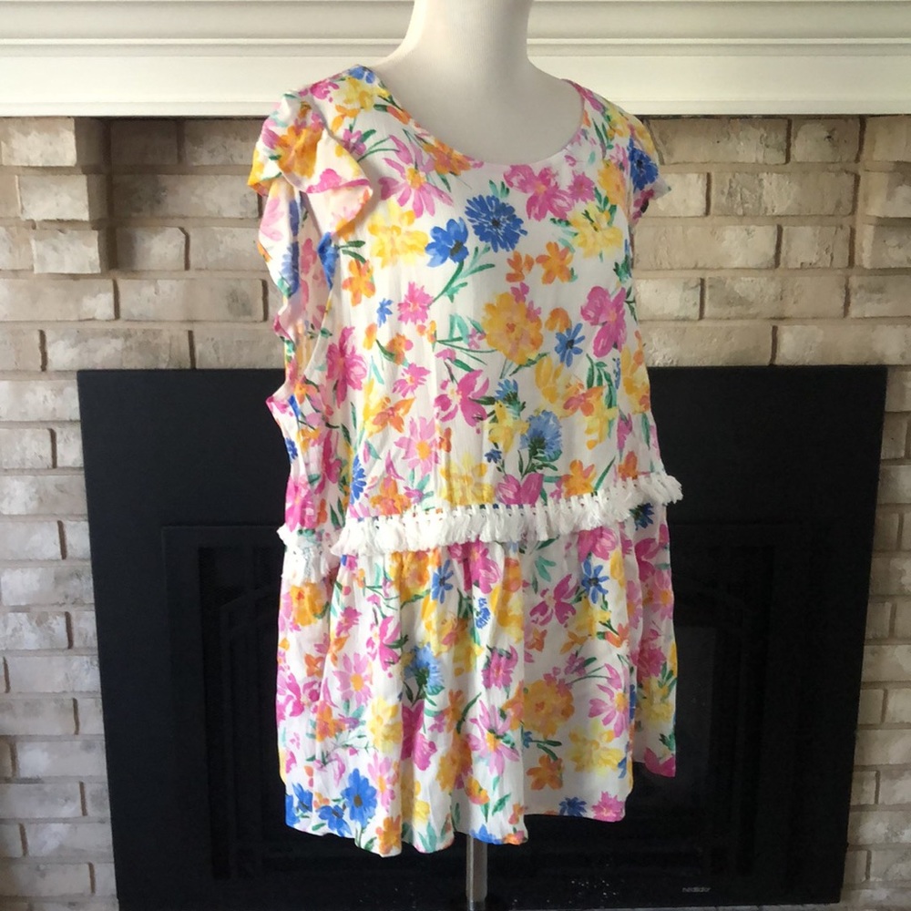 Andree by Unit Multi Color Floral Fringe Ruffle Sleeve Babydoll Top size 1X - Picture 8 of 11